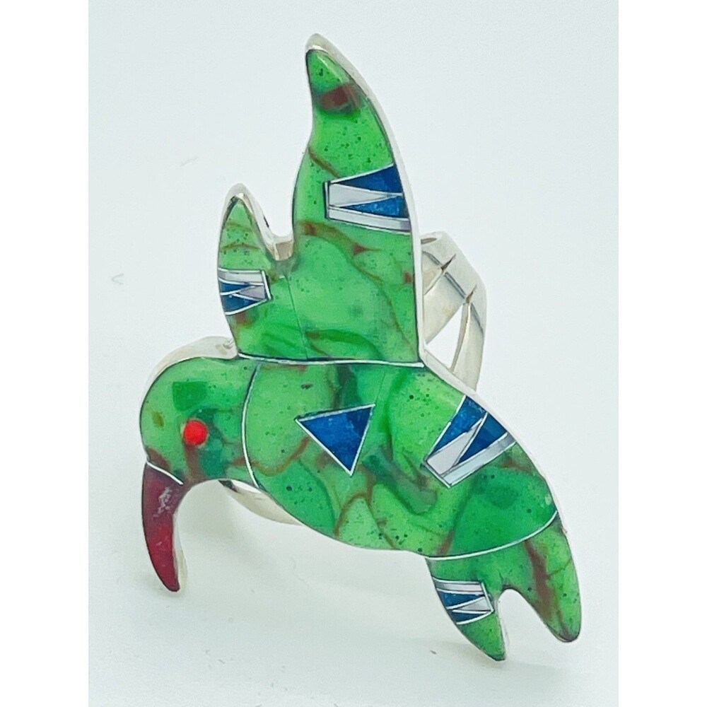 Native American Jewelry Hummingbird Green Turquoise Inlay Ring 925 Zuni *Signed
